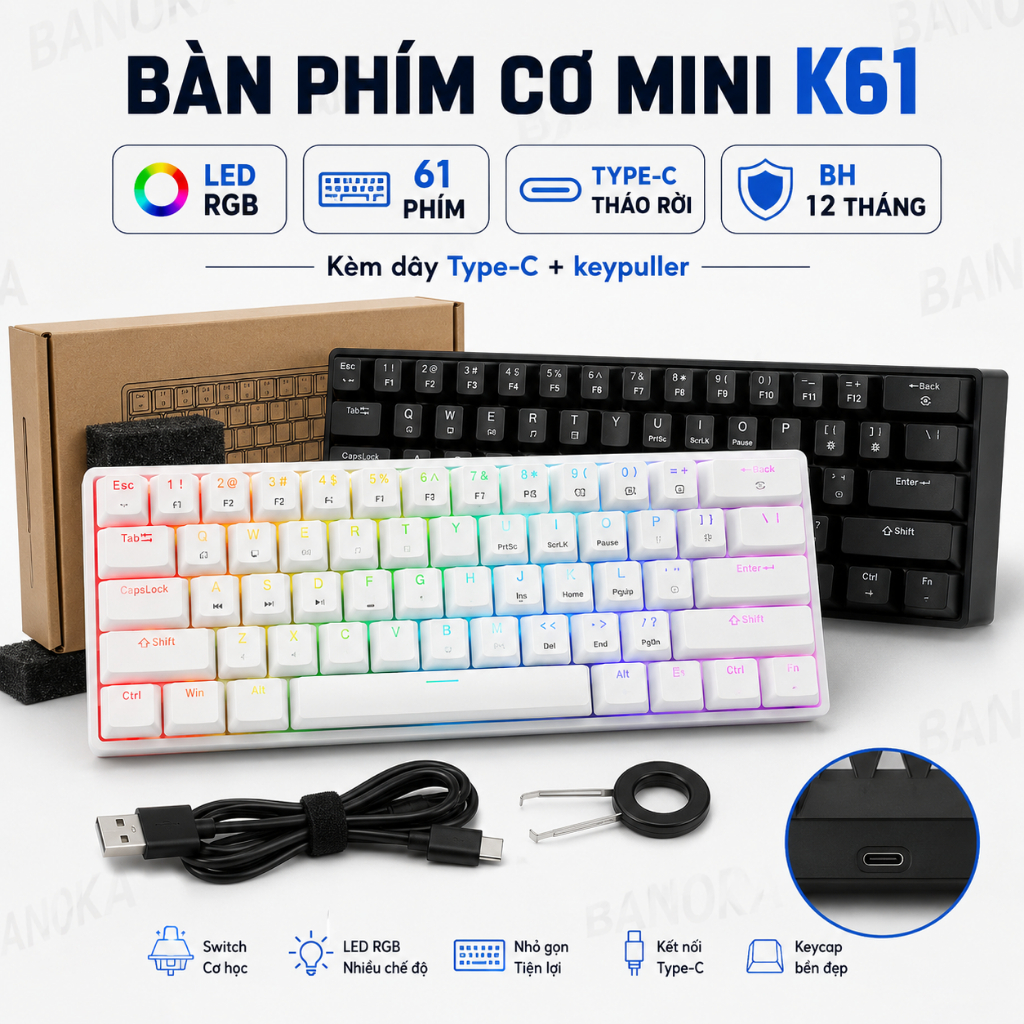 Bàn Phím Cơ Mini K61 LED RGB Type-C 61 Phím Có Dây Kèm Keypuller BH 12 Tháng