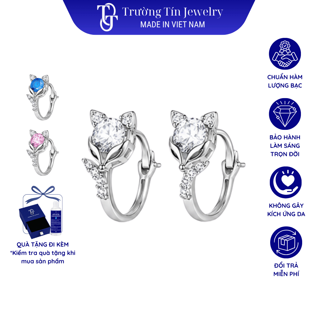 Khuyên Tai Bạc 925 Tiểu Hồ Ly Đính Đá CZ 6A Cao Cấp Ý Nghĩa May Mắn Trường Tín Jewelry KT1
