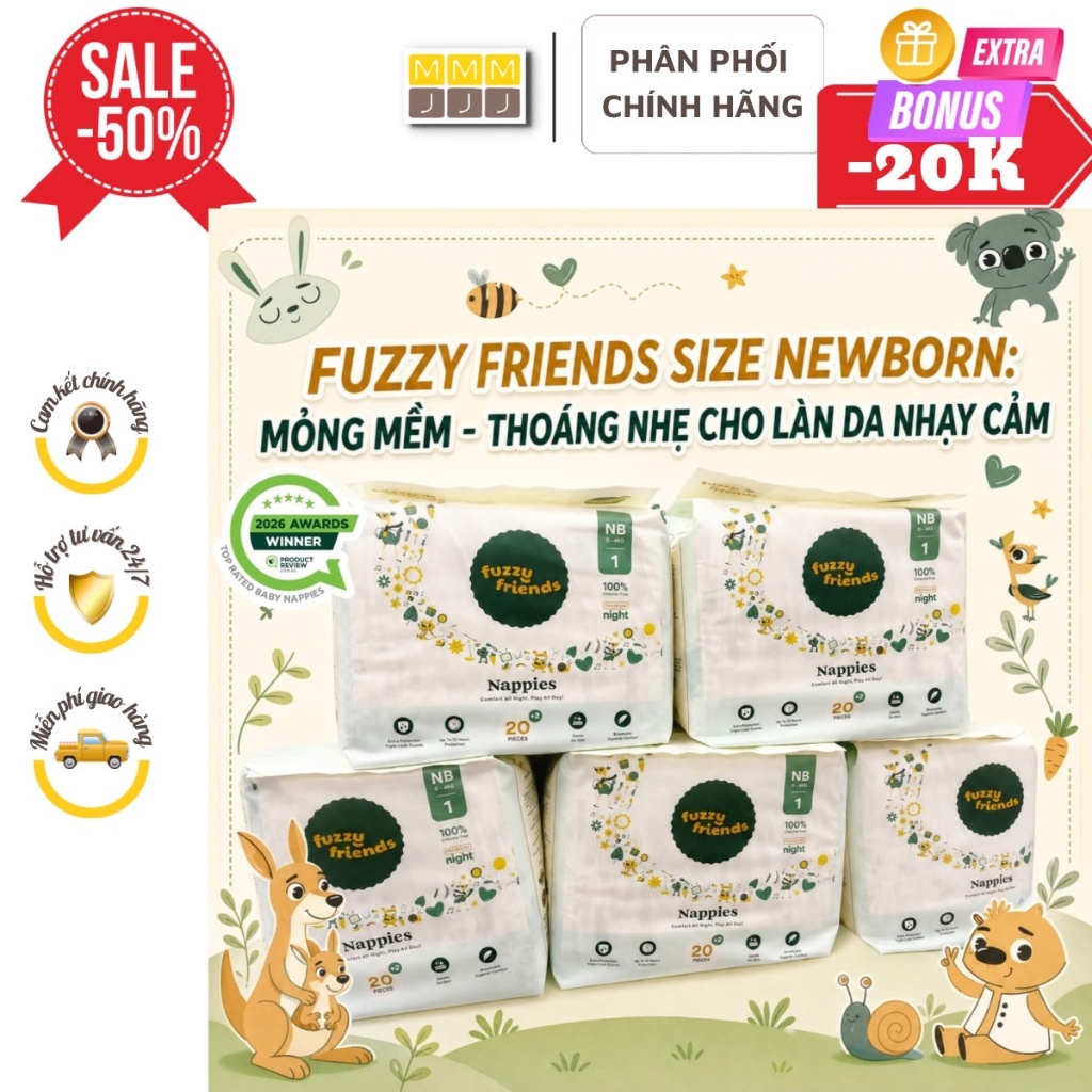 [CHÍNH HÃNG] Bỉm/Tã đêm Dán/Quần FUZZY FRIENDS nội địa ÚC đủ sizr cho bé - Minjeebaby