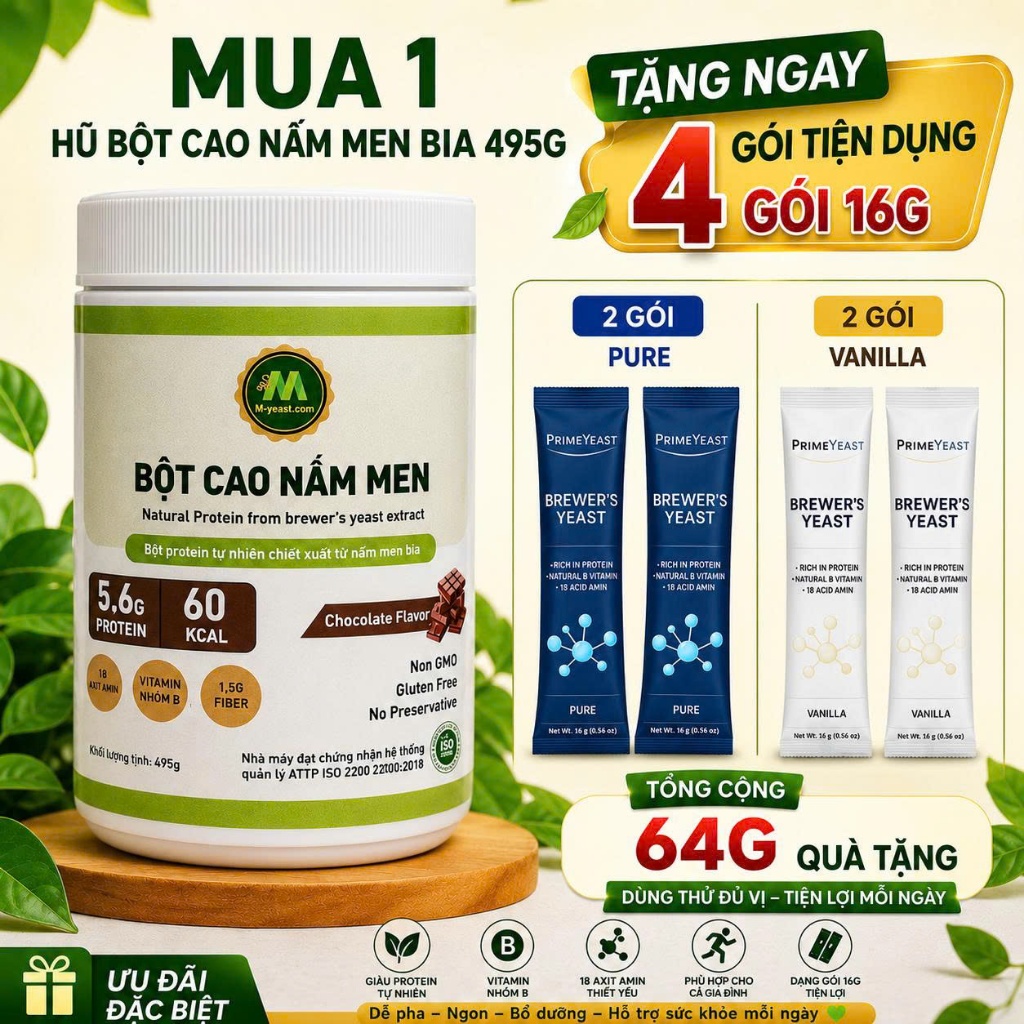 [MUA 1 TẶNG 4] Bột Cao Nấm Men Bia Vị Chocolate – Protein tăng năng lượng, Vitamin Nhóm B (B1, B2, B