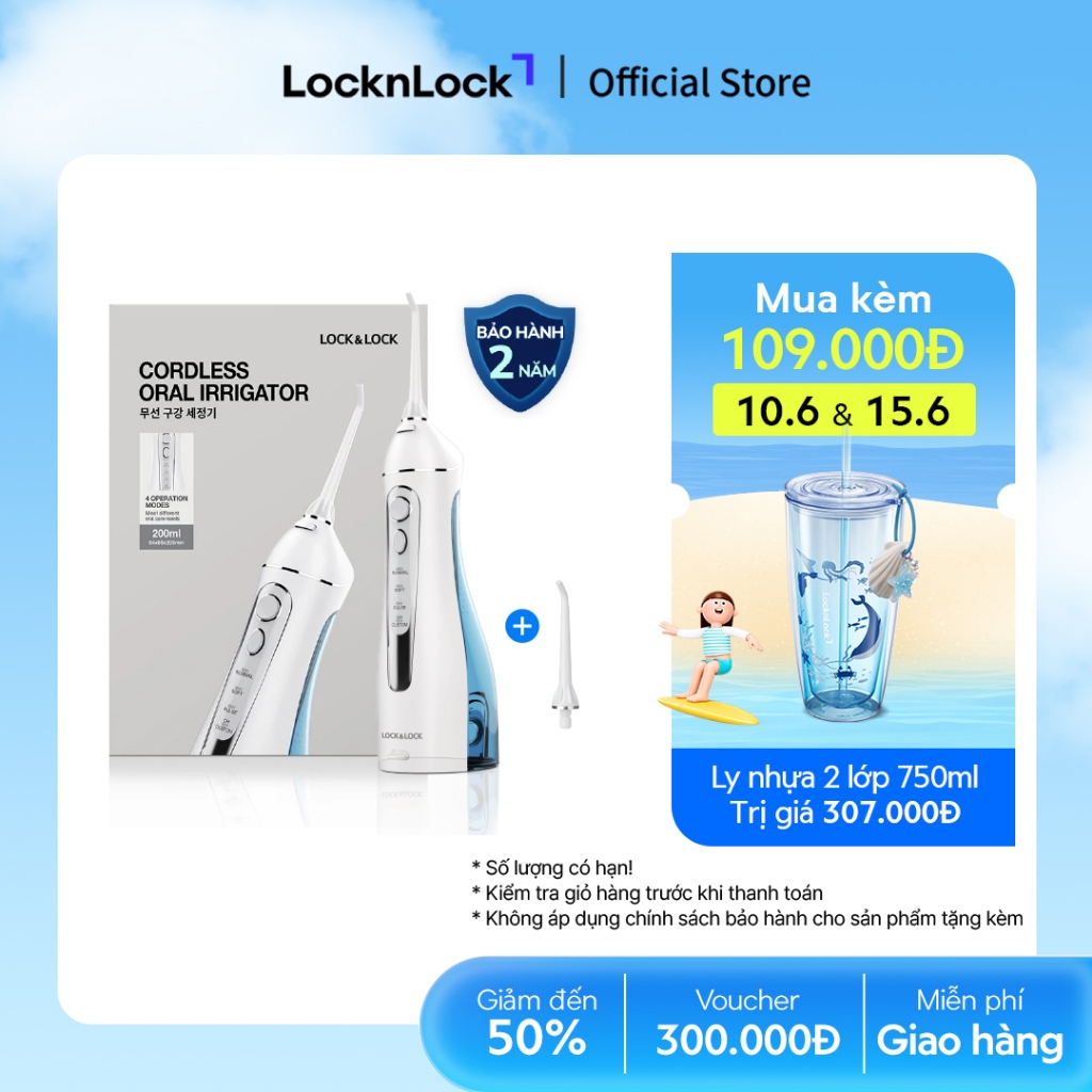 Máy tăm nước không dây 4 chế độ dùng được răng niềng Lock&Lock Cordless Oral Irrigator 200ml - Màu x