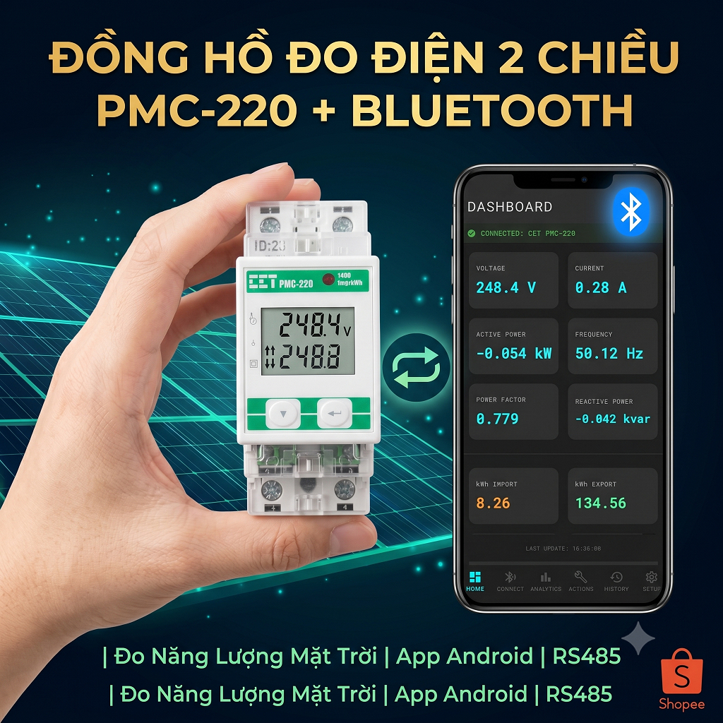 Đồng Hồ Đo Điện 2 Chiều CET PMC-220 RS485 + Module Bluetooth App Android - Đo Năng Lượng Mặt Trời