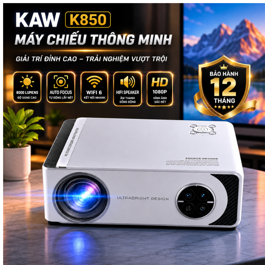Máy Chiếu KAW K850, Máy Chiếu Phim Gia Đình 4K Ultra HD, Hệ Điều Hành Android, Loa Kép