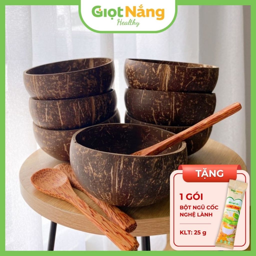 Bát Chén Gáo Dừa và Muỗng Gỗ Dừa Size Lớn Từ Nông Sản Giọt Nắng