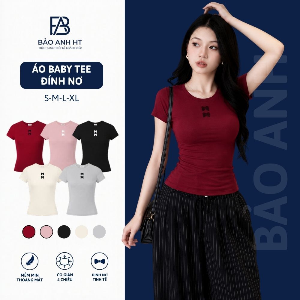 [Mở bán] Áo Nữ Thun Baby Tee Đính Nơ Xinh Xắn Nữ Tính Áo Phông Co Giãn Mềm Mại Thấm Hút Mồ Hôi BAA4