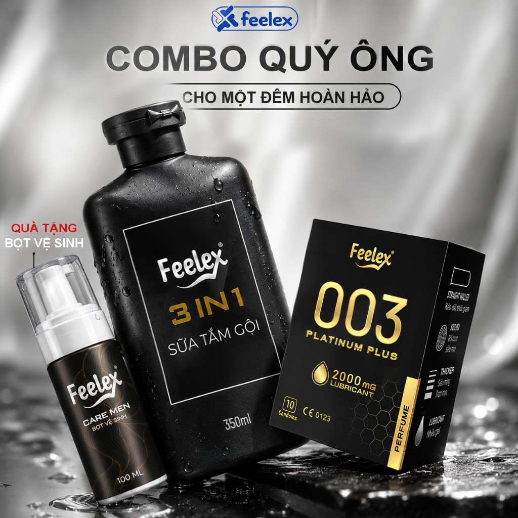 [Tặng Bọt Vệ Sinh] Combo 2 sản phẩm Sữa tắm và Bao cao su Feelex Platinum hộp 10c, hương nước hoa, s