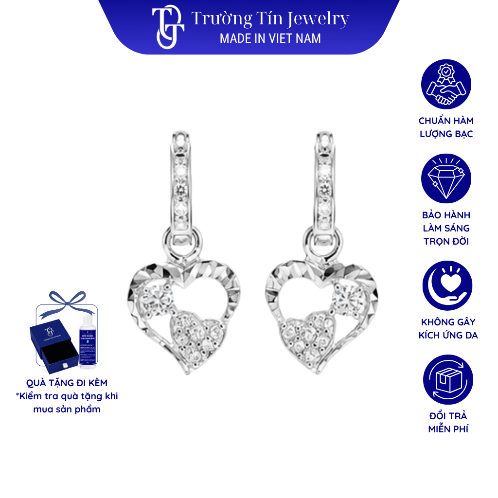 Khuyên Tai Treo Bạc 925 Trái Tim Đính Đá CZ 6A Cao Cấp Chốt Khuyên Bấm Trường Tín Jewelry KT2