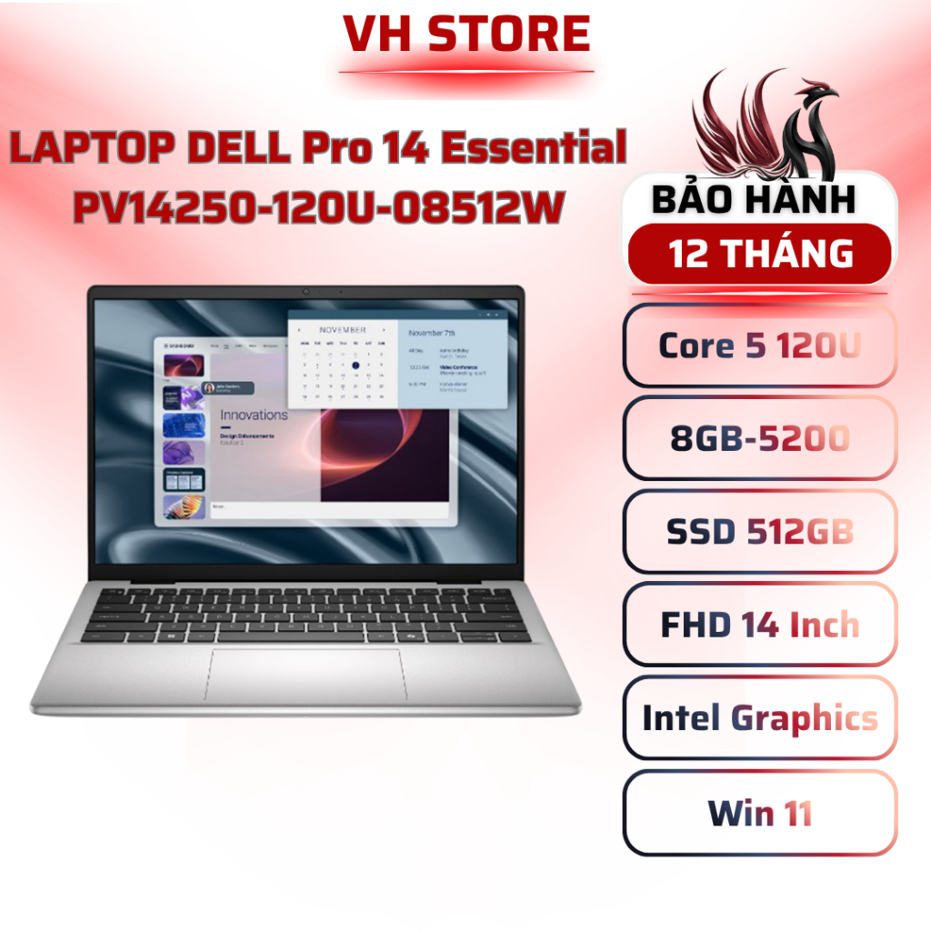 Laptop Dell Pro 14 Essential Core 5 120U 8GB 512GB 14 FHD Win 11 | VH Store