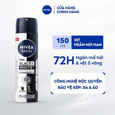 Xịt Ngăn Mùi NIVEA MEN Black&White Ngăn Vệt Ố Vàng Vượt Trội | Hương Tinh Tế 150ml / Xịt Khử Mùi Nam - 82241