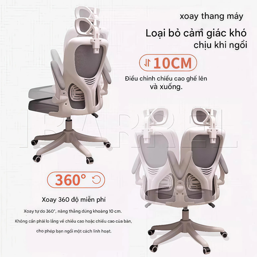 Ghế công thái học Tựa đầu 3D đệm lưng đàn hồi Lưới trắng đen thoáng khí Xoay 360 độ nâng hạ | BigBuy360 - bigbuy360.vn