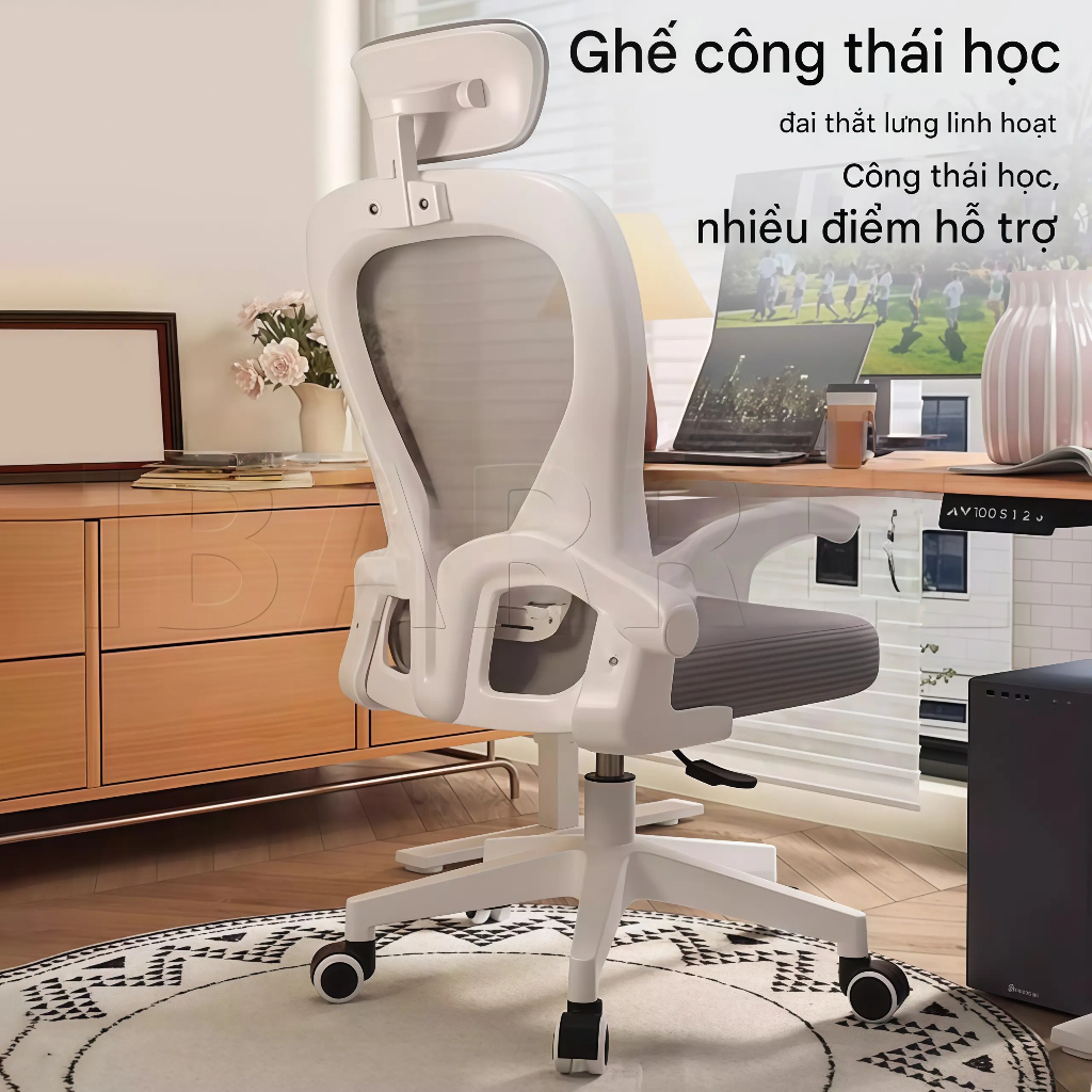 Ghế công thái học Tựa đầu 3D đệm lưng đàn hồi Lưới trắng đen thoáng khí Xoay 360 độ nâng hạ | BigBuy360 - bigbuy360.vn