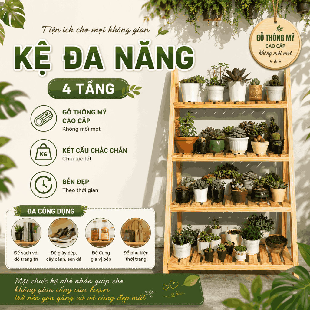 Kệ gỗ đa năng, kệ để sen đá, để cây kệ đựng gia vị Hương Anh Decor
