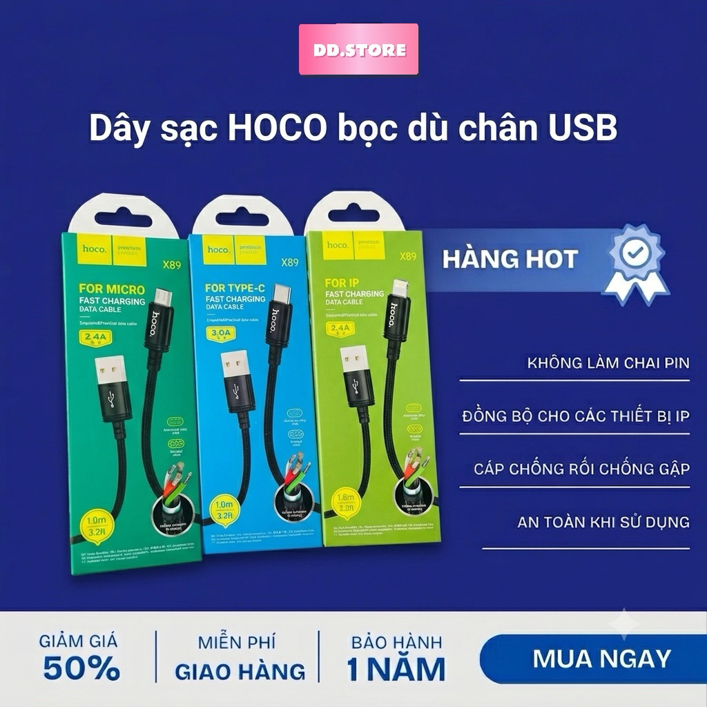 Dây sạc chân USB bọc dù X89 siêu bền