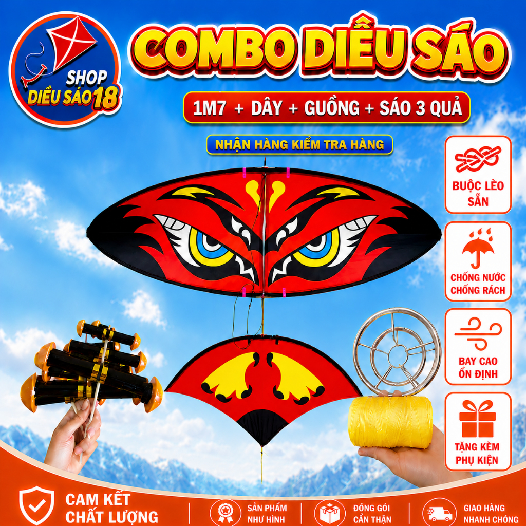 ComBo Diều Sáo 1m7.Khung Nắp Ghép ComBo Gồm Diều1m7+Dây+Guồng+Sáo