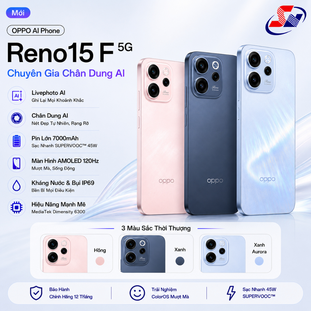 Điện Thoại Oppo Reno 15 F 5G RAM 8GB Bộ Nhớ 256GB Kháng Bụi Nước IP69 - Hàng Chính Hãng