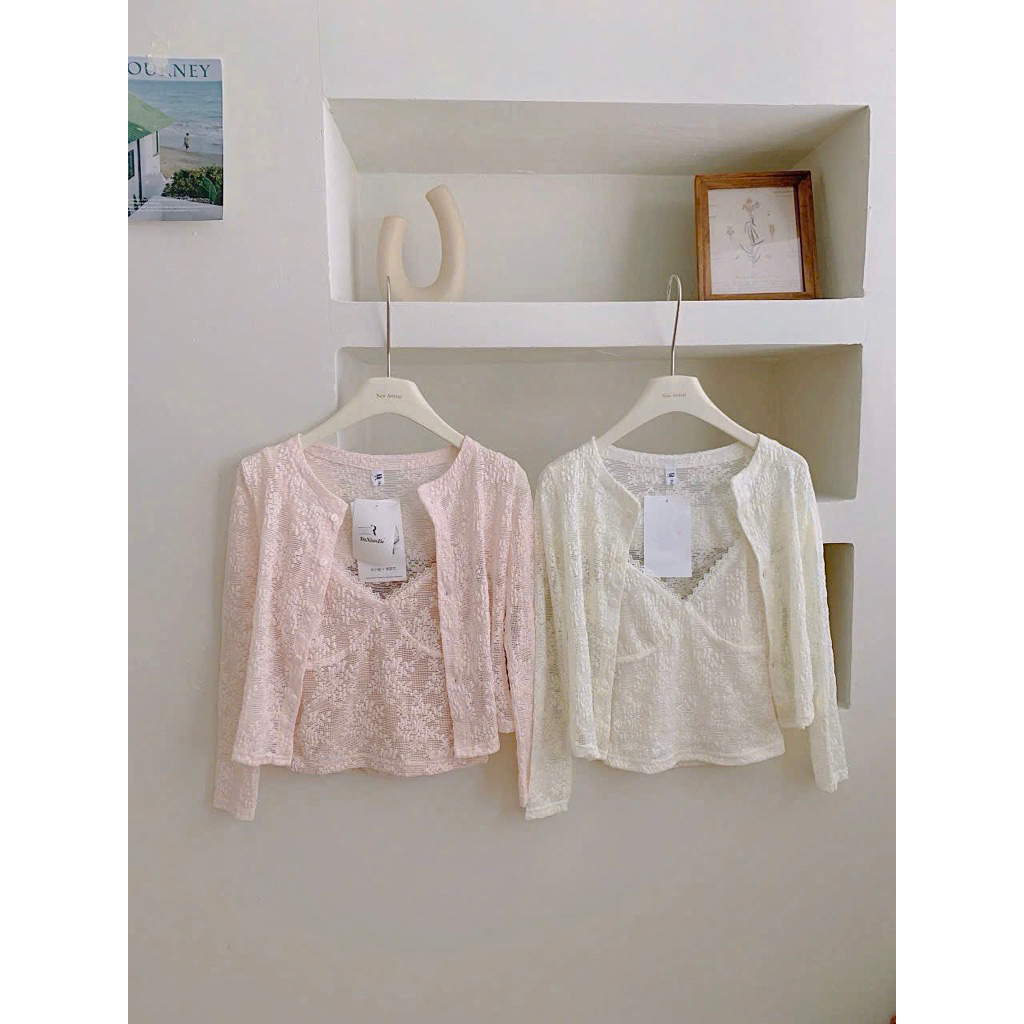 [Hàng L1 sẵn] Set ren hoa nổi 2 món: Áo hai dây ren ngực cổ V sexy kèm áo cardigan LOVELY SET | BigBuy360 - bigbuy360.vn
