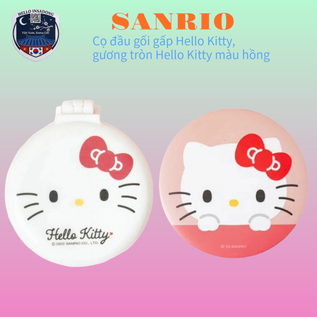 [Daiso] Gương lược gấp Hello Kitty, gương tròn Hello Kitty màu hồng