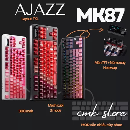 Bàn Phím Cơ TKL - AJAZZ MK87 - Màn Hình + Núm Xoay Hotswap Thành Switch - Led Viền