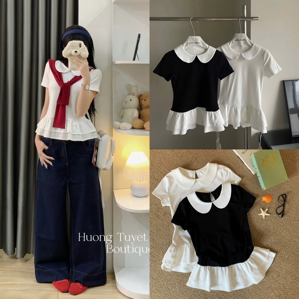 | Hình thật Hta.boutique | Áo kiểu cổ sen tay ngắn viền bèo thun mì dáng ngắn dễ thương