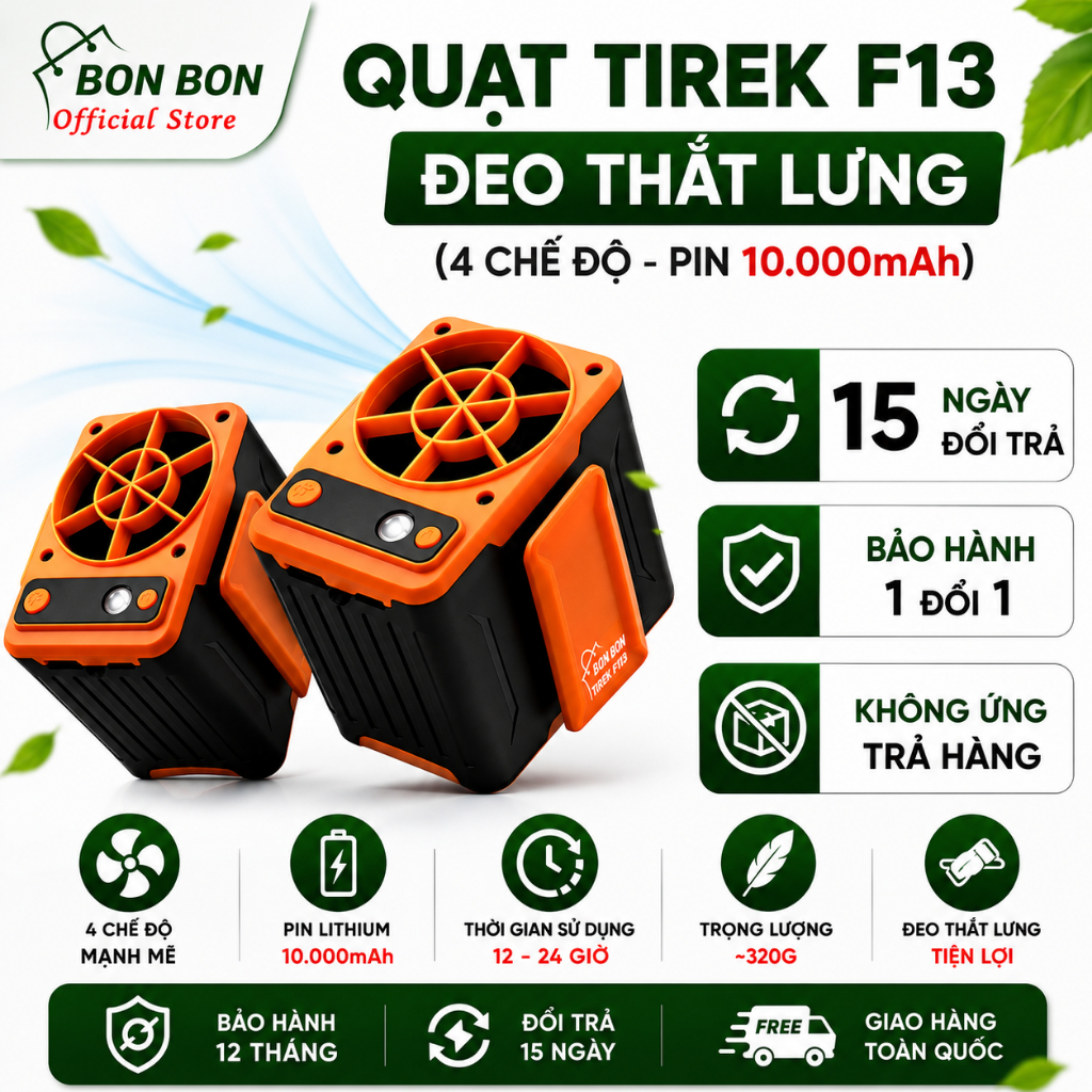 Quạt đeo thắt lưng Tirek F13 Quạt pin 10000mAh chạy liên tục 15-24h tích hợp sạc dự phòng
