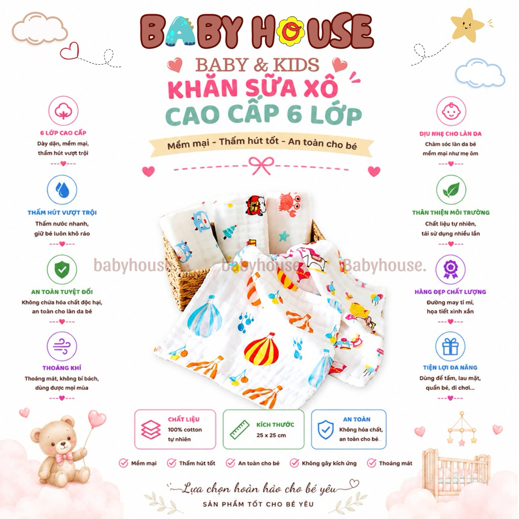 Khăn sữa Aden sợi tre 6 lớp ( 1 chiếc)