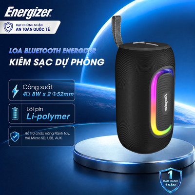 Loa Bluetooth Kiêm Sạc Điện thoại Energizer - Kháng nước, Đèn Led, Nhỏ Gọn, Chính hãng, Bảo hành 1 năm