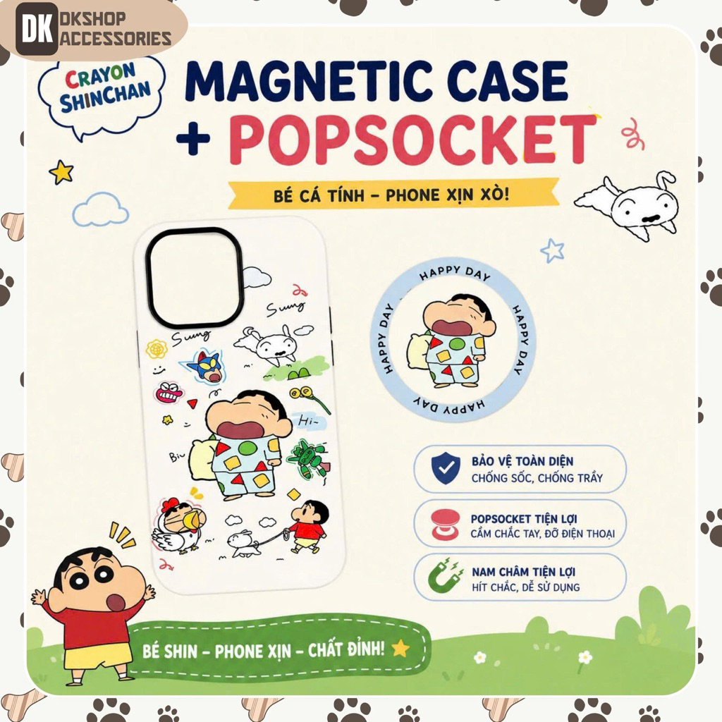 Ốp Lưng Từ Tính DKshop – Cậu Bé Bút Chì Shin, Kèm PopSocket, Chống Sốc, Hút Nam Châm cho Điện Thoại