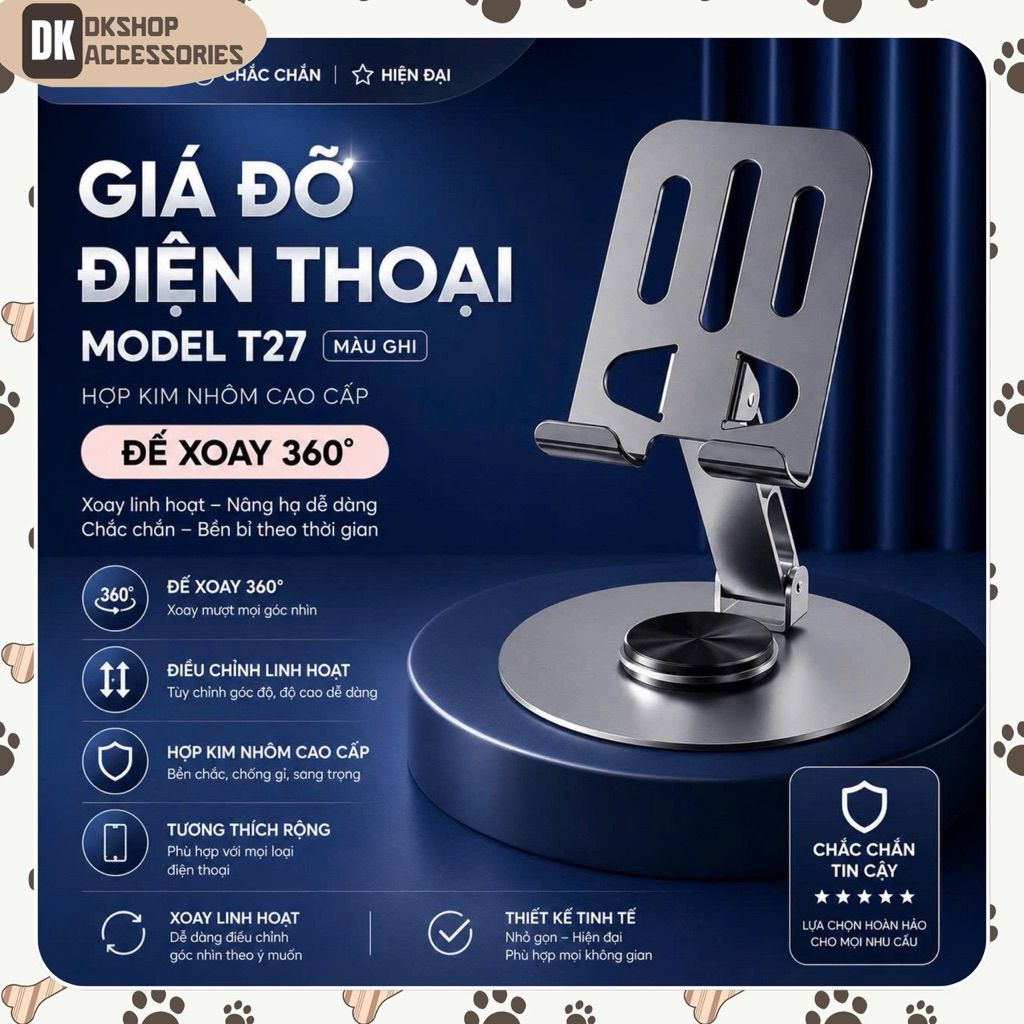 GIÁ ĐỠ ĐIỆN THOẠI/MÁY TÍNH BẢNG XOAY 360° - HỢP KIM NHÔM, LINH HOẠT, GẤP GỌN DKSHOP
