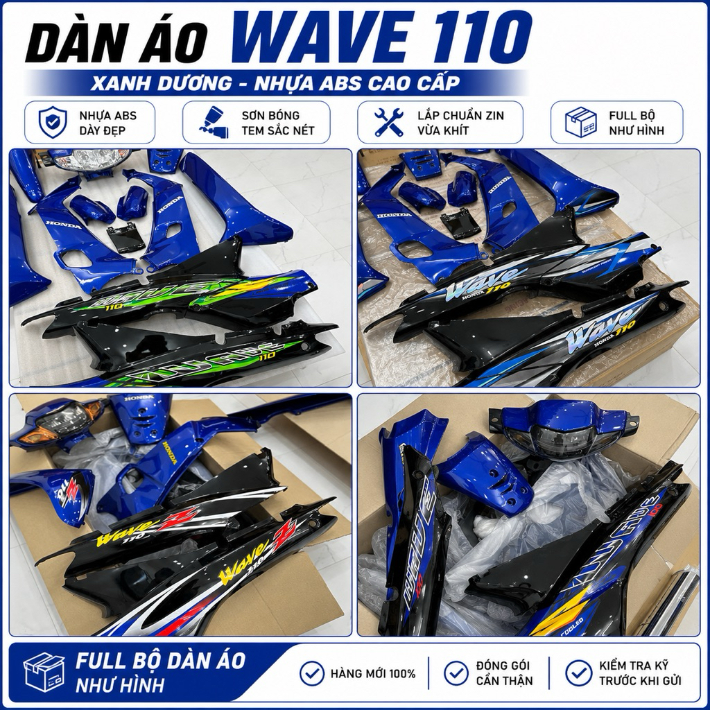 Dàn Áo Wave 110 Xanh Dương Đen | Full Bộ Nhựa ABS Cao Cấp