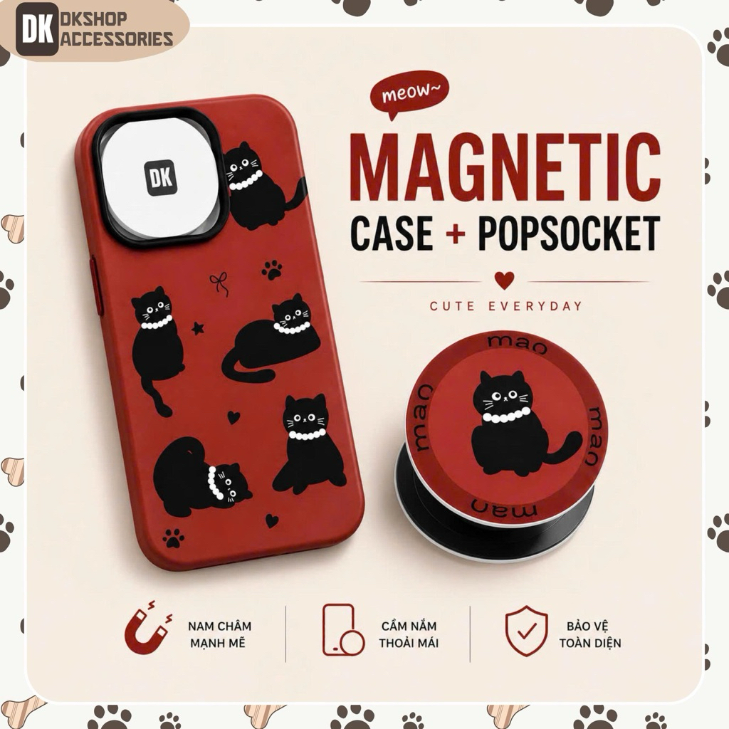 Ốp Lưng Từ Tính DKshop – Mèo Đen Style Vintage, PopSocket Đồng Bộ, Sạc Không Dây, Chống Sốc