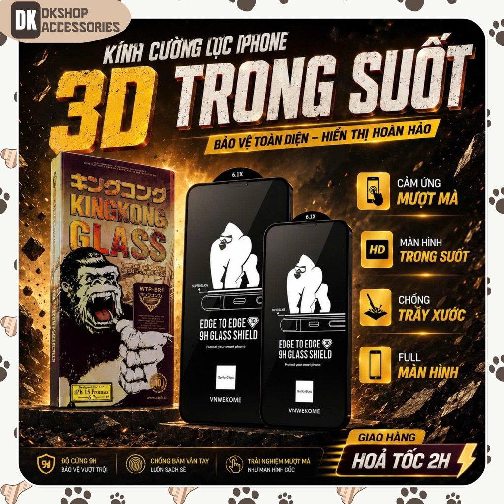 Kính Cường Lực i.P 3D Trong Suốt VNWEKOME DKSHOP - Chống Trầy, Full Màn, Chính Hãng