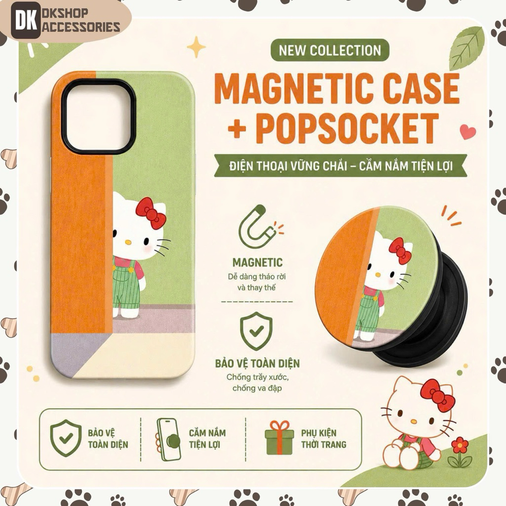 Ốp Lưng Từ Tính Hello Kitty Kèm Popsocket Hít Nam Châm – TPU Mềm, Chống Bẩn, Chống Trầy | DKshop