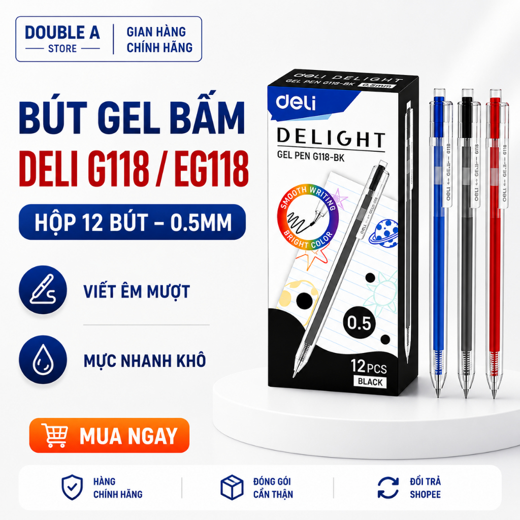 Hộp 12 Bút Gel Bấm Deli G118 / EG118 Chính Hãng – Bút Gel 0.5mm Nhanh Khô, Viết Êm Mượt