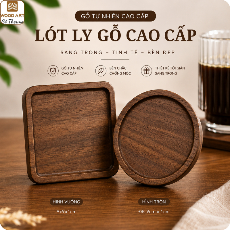 Lót Ly Gỗ Cao Cấp 9cm | Gỗ Tự Nhiên Chống Nước | Đế Lót Cốc Cafe, Trà, Nước Decor Bàn Đẹp