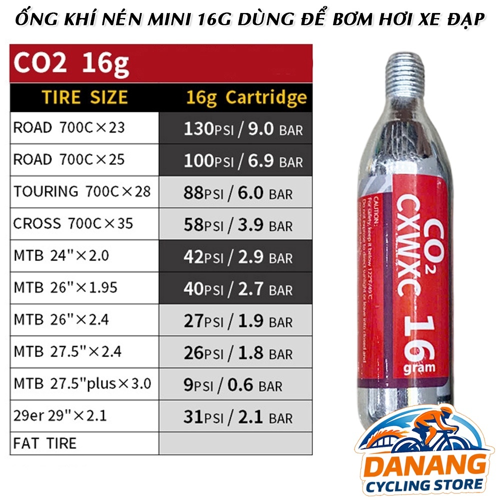 DaNangCycling – Ống khí nén mini 16G dùng để bơm hơi xe đạp
