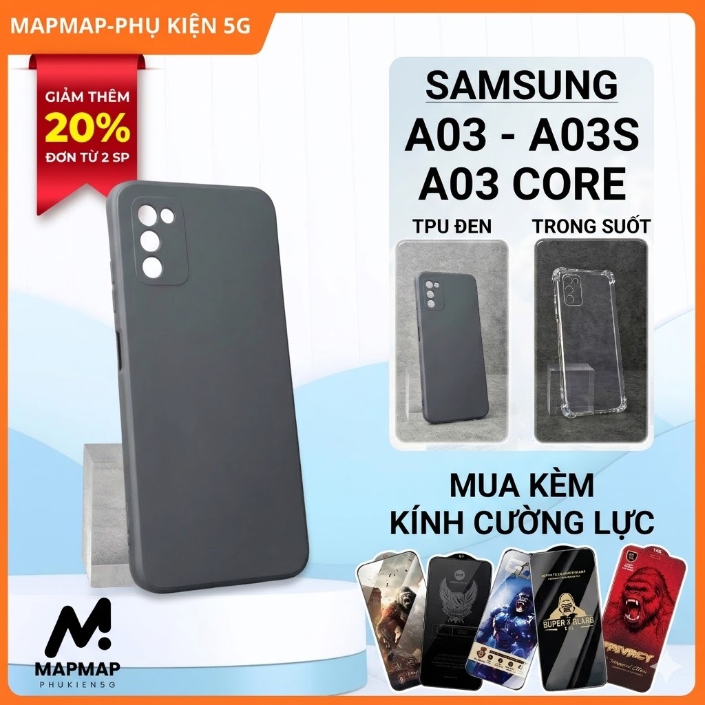 Ốp lưng Samsung A03, A03s, A03 Core MAPMAP trơn màu đen | Ốp điện thoại SS galaxy dẻo bảo vệ camera 