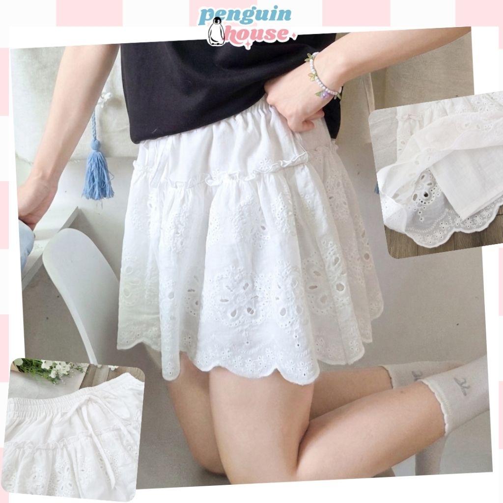 Chân váy ngắn Penguin House vải thô boi thêu