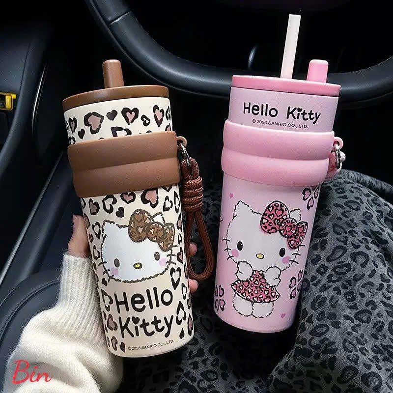 Ly giữ nhiệt cầm tay Hello Kitty họa tiết báo đốm trái tim (Gyaru Style) đi kèm ống hút và dây đeo t