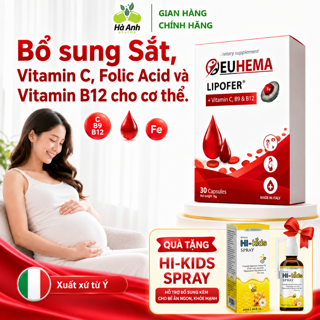 EUHEMA Sắt Lipofer Mới  Nhập Khẩu Ý Bổ Sung Sắt, Vitamin C B9 B12 Cho Bà Bầu, Phụ Nữ Mang Thai, Thiế