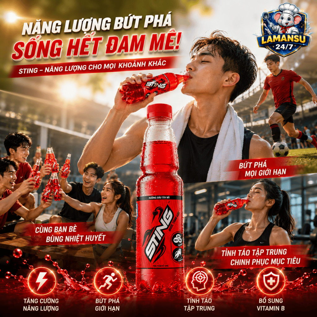 [Thùng 24 chai] Nước Tăng Lực Sting Dâu 330ml – Sting Đỏ Bổ Sung Năng Lượng – Lamansu247