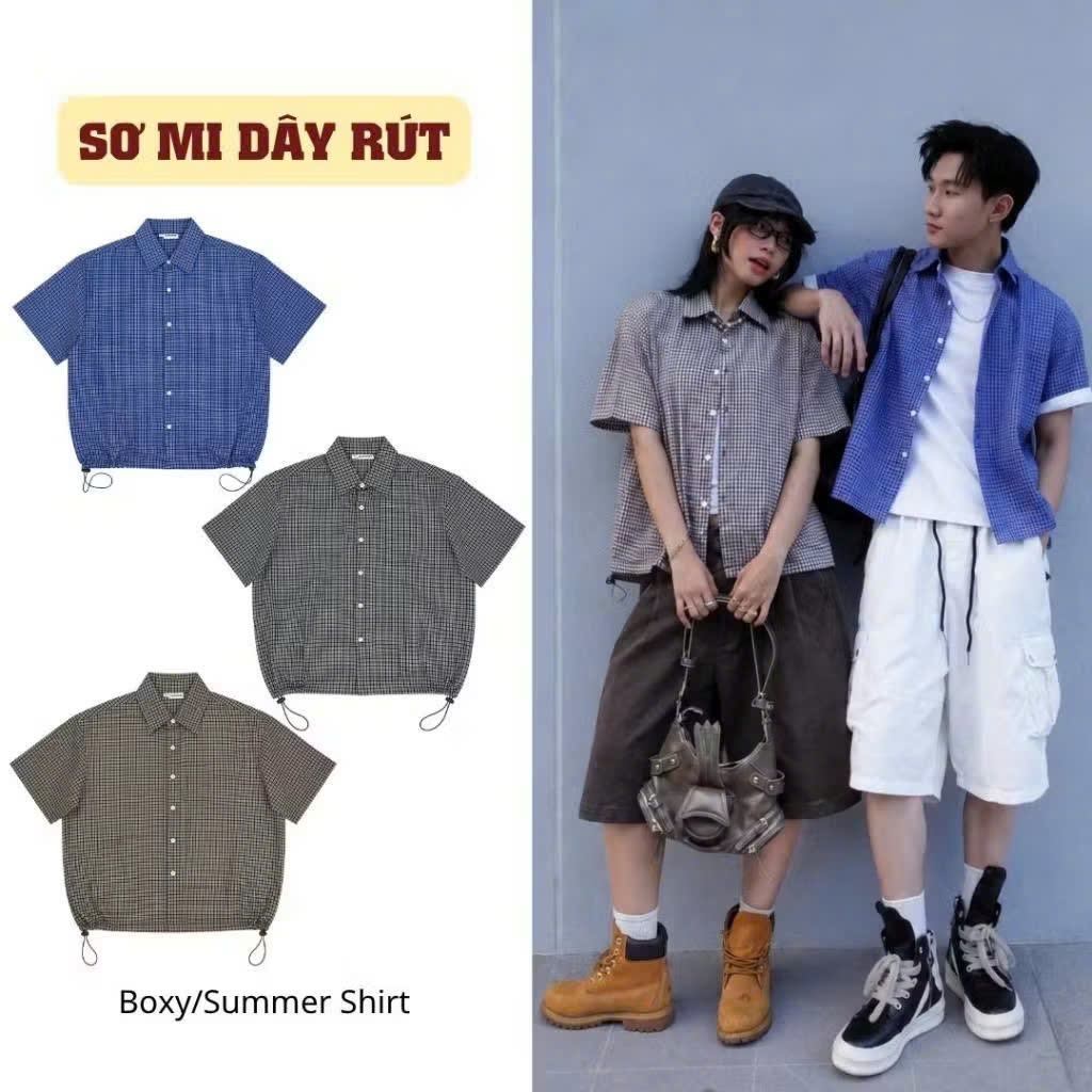 Áo Sơ Mi Caro Dây Rút Form Boxy Kẻ Sọc Unisex Nam Nữ