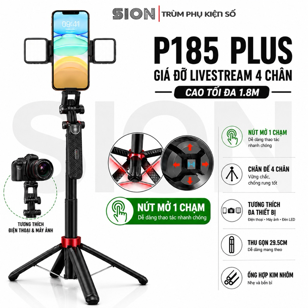 Giá Đỡ Điện Thoại máy ảnh P185 Plus, P185, Q185 Livestream 4 Chân Cao 1.8M Kèm 2 Đèn LED, Tripod Qua