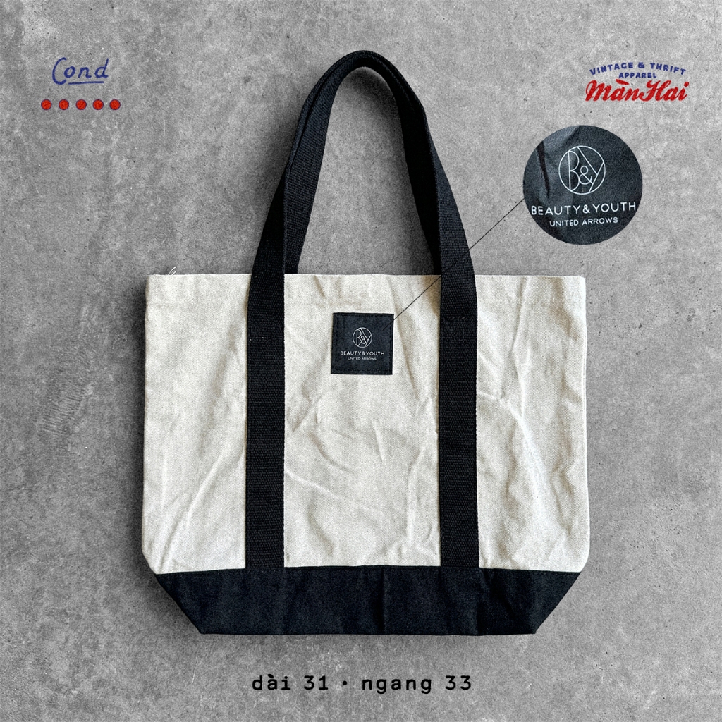 túi tote beauty & youth united arrows canvas kem đen basic vintage 2nd