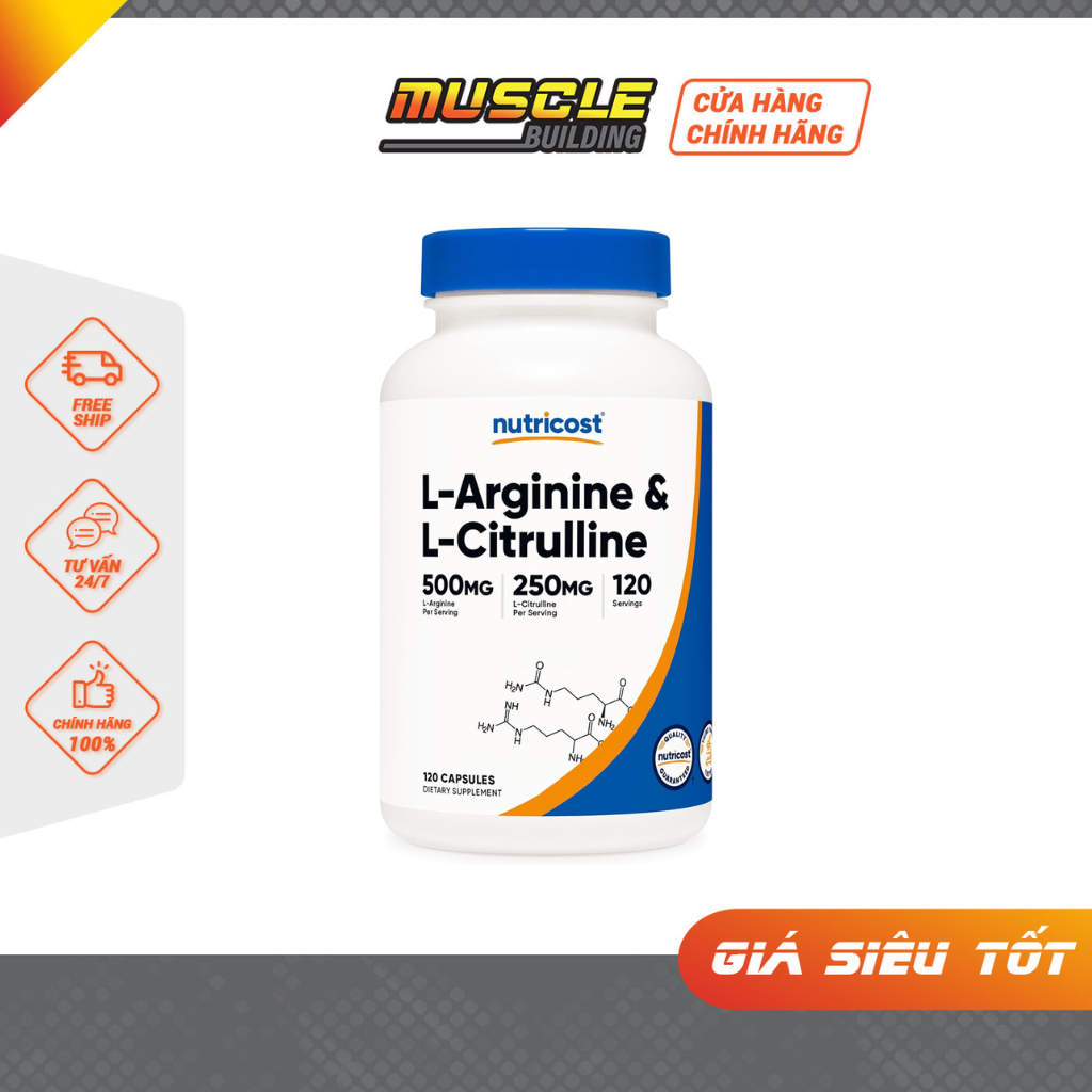Nutricost L-Arginine L-Citrulline Tăng Lưu Thông Máu, Hỗ trợ Vận Động Thể Lực, Giảm Huyết Áp