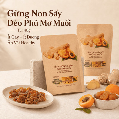 Túi Gừng Ăn Vặt Nam Xanh, Gừng Non Sấy Dẻo Phủ Mơ Muối, Giữ Ấm Cơ Thể, Khử Hôi Miệng, Túi 40g