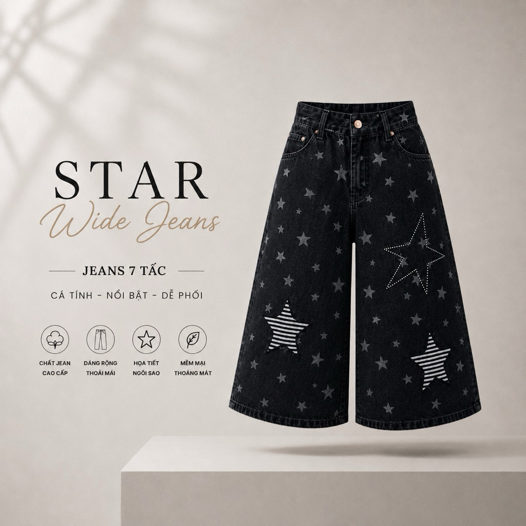 STAR WIDE JEANS - Quần Jeans Lửng 7 Tấc Ống Rộng Hoạ Tiết Ngôi Sao Độc Đáo - Thời Trang Unisex
