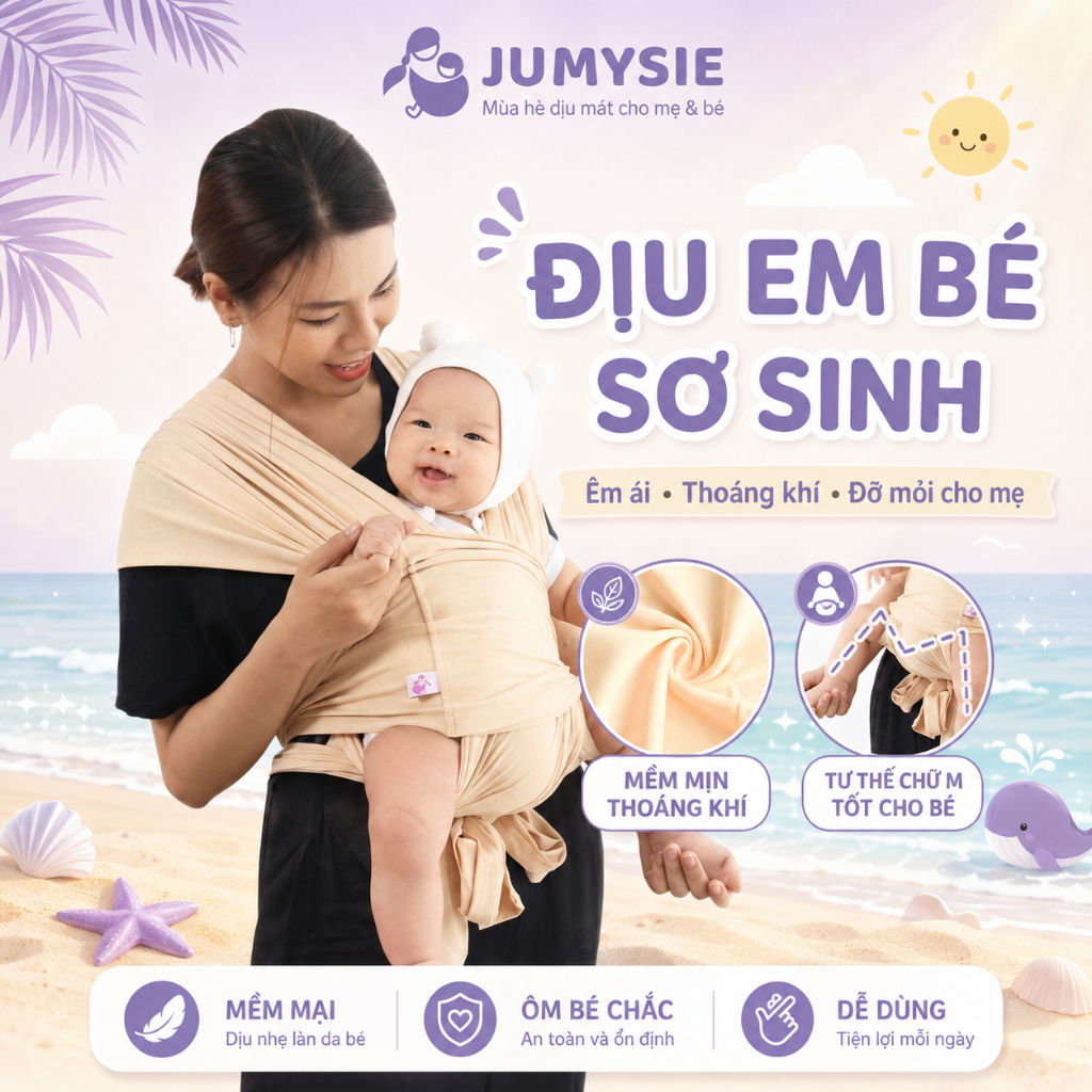 Địu Vải Dạng Áo Khoác Jumysie Cotton 100%, Dây Trợ Hông, Gấp Gọn 400g, Bé Sơ Sinh Đến 15kg