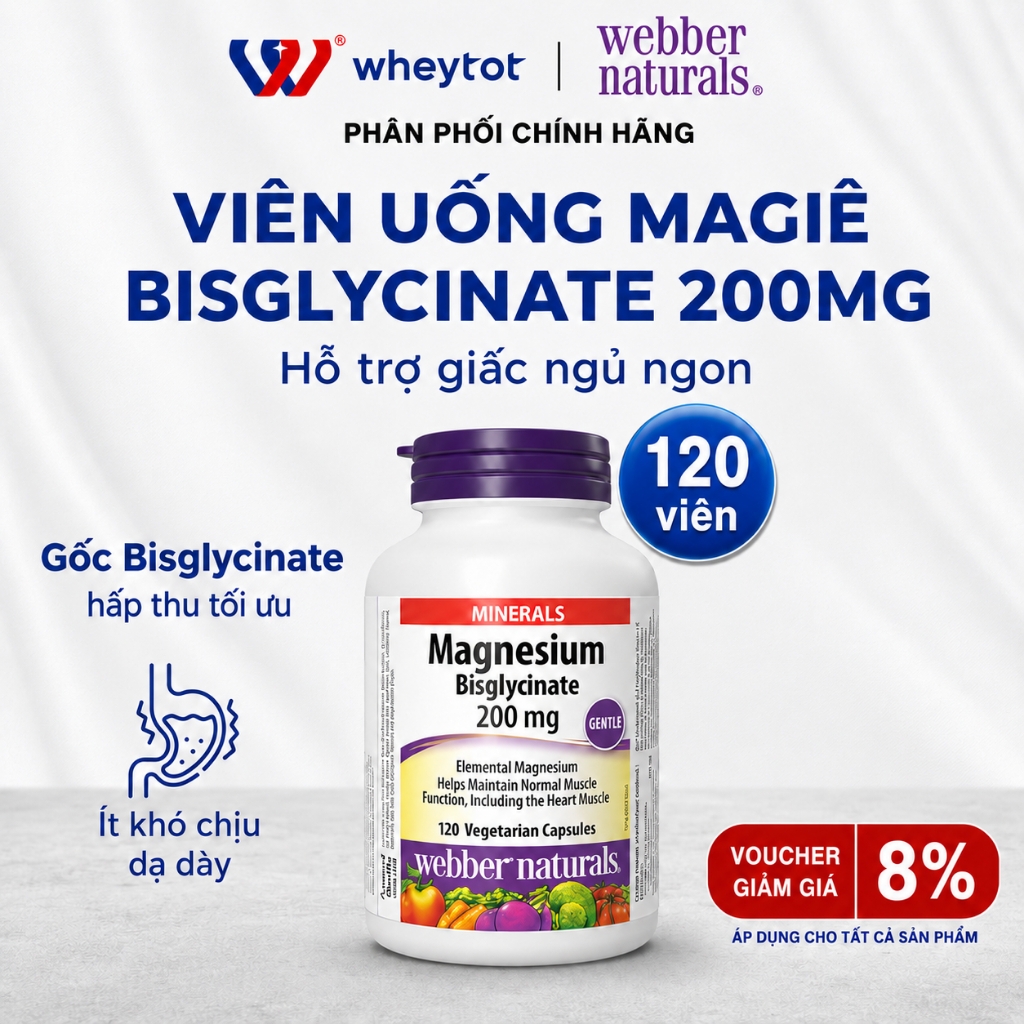 Viên uống bổ sung magie Webber Naturals Magnesium Bisglycinate 200mg hỗ trợ giấc ngủ ngon (Lọ 120 vi