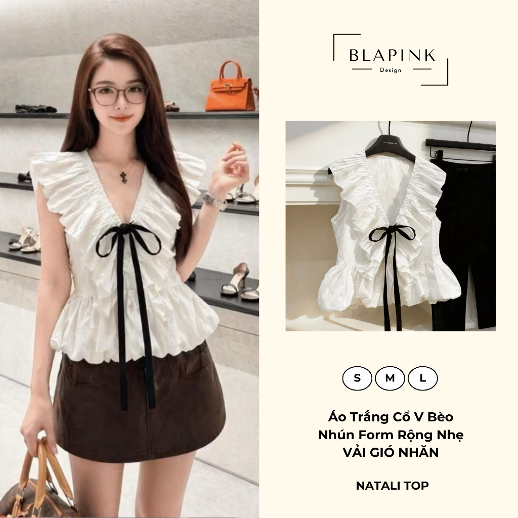 Áo Kiểu Babydoll Nữ Cổ V Bèo Nhún Thắt Nơ Form Rộng Dáng Xoè Bồng Tiểu Thư Hàn Quốc - Natali Top