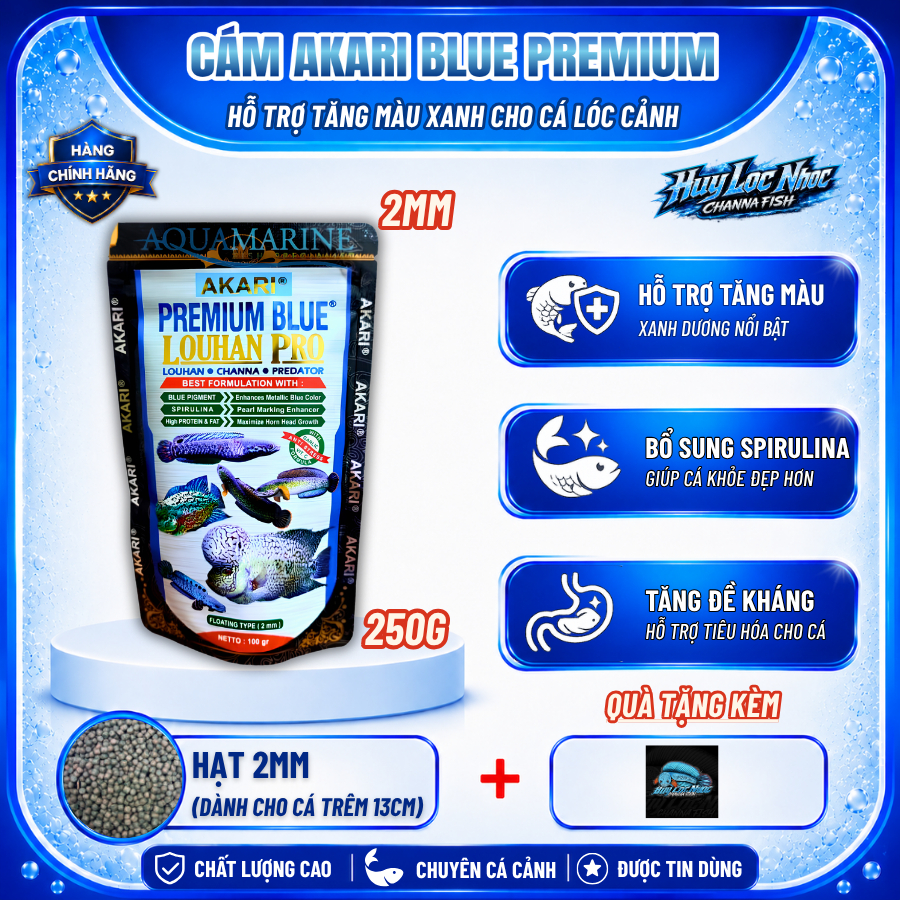 Cám AKARI Blue 2mm 250g Nhập Khẩu Indonesia Cho Cá Lóc Lạnh - Hỗ Trợ Tăng Màu Xanh, Tăng Sắc Tố, Thứ